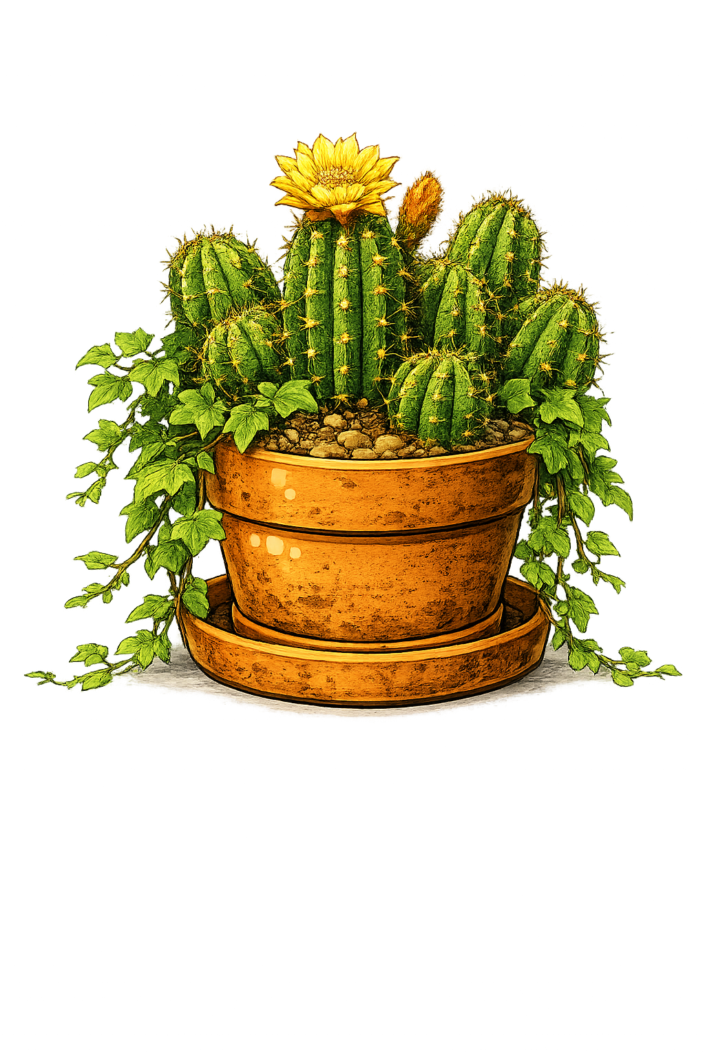 Small indoor cactus growing in a pot on a sunny windowsill