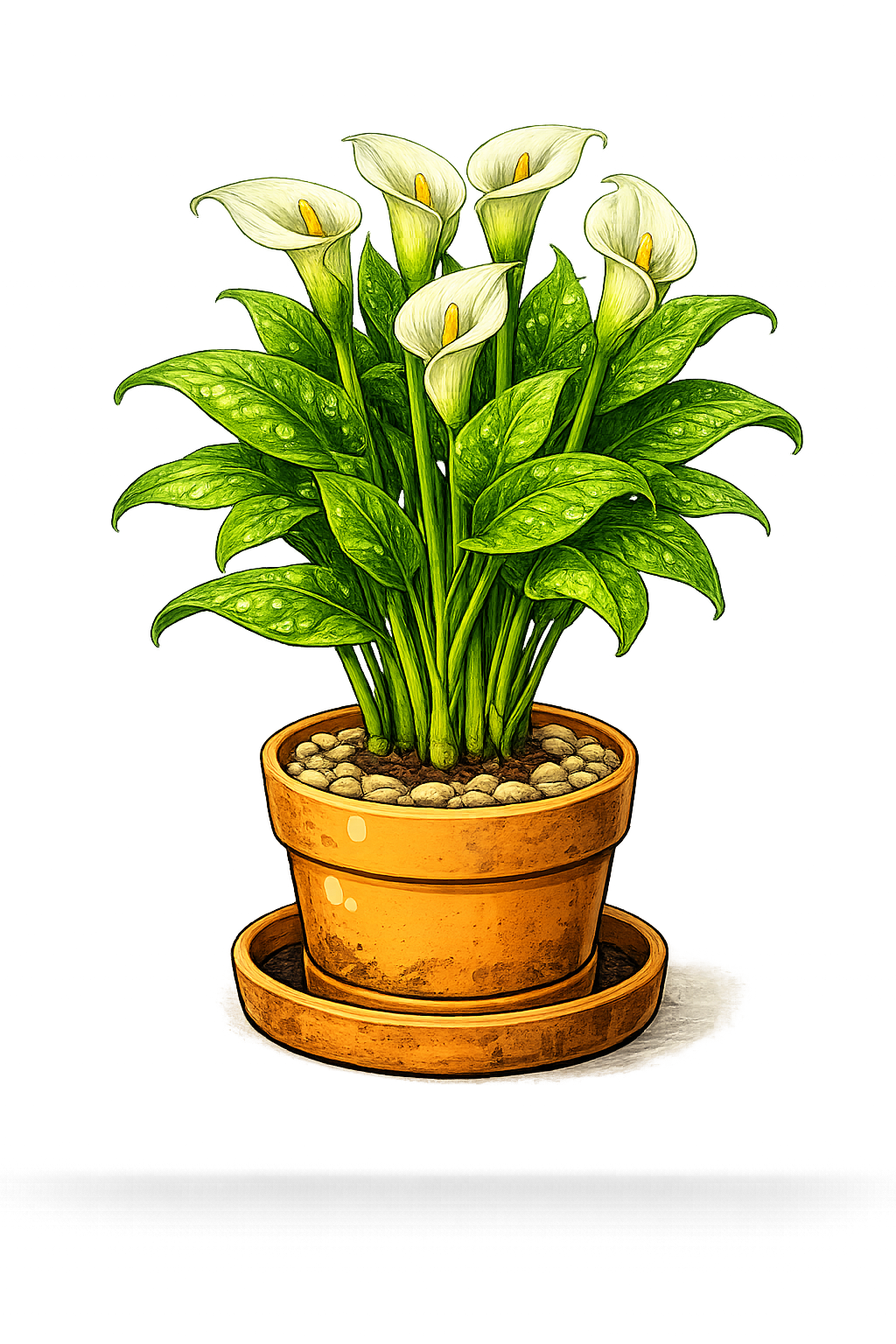 Calla lily with elegant white flowers growing indoors