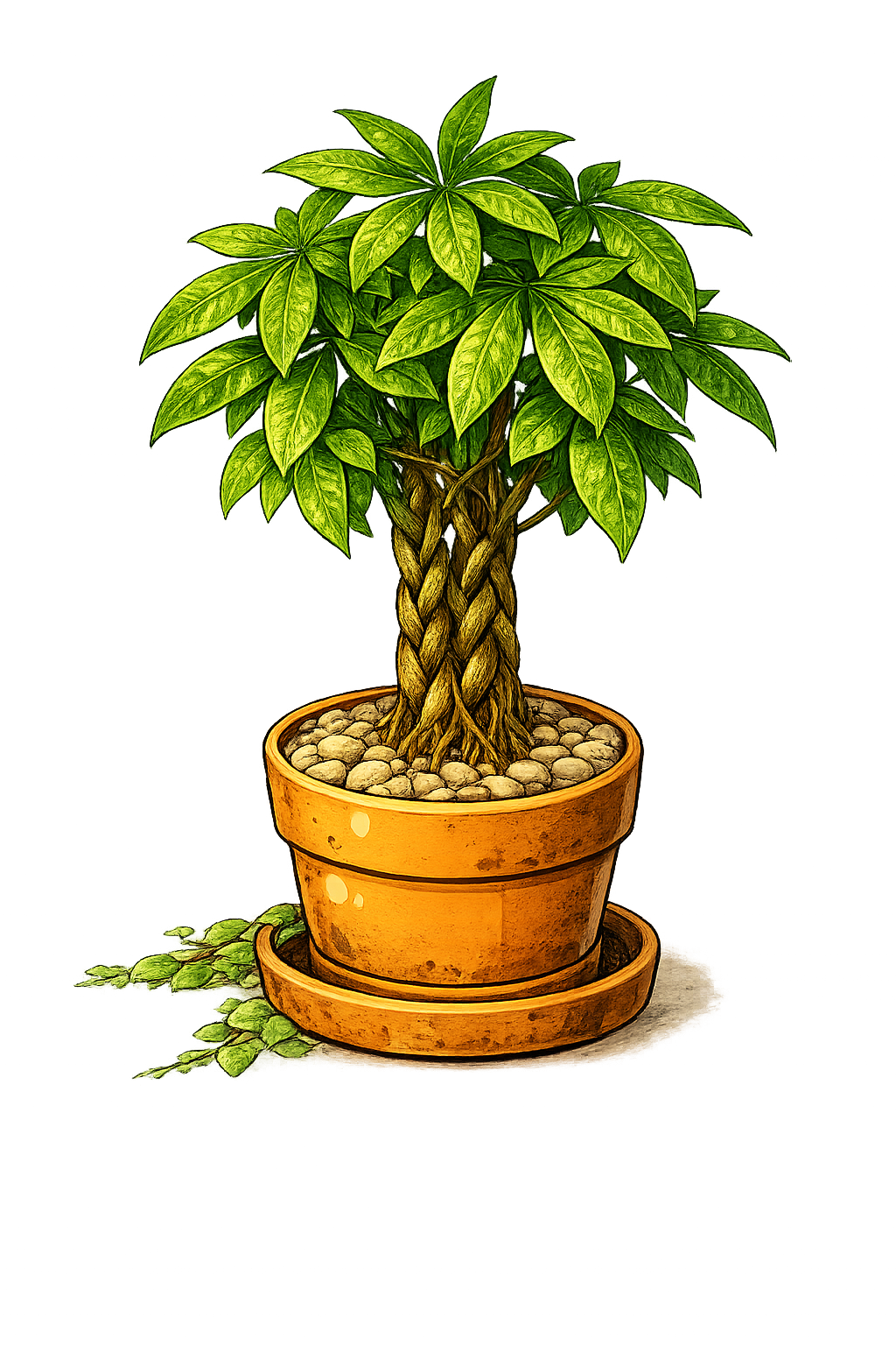 Money tree with braided trunk and glossy green leaves indoors