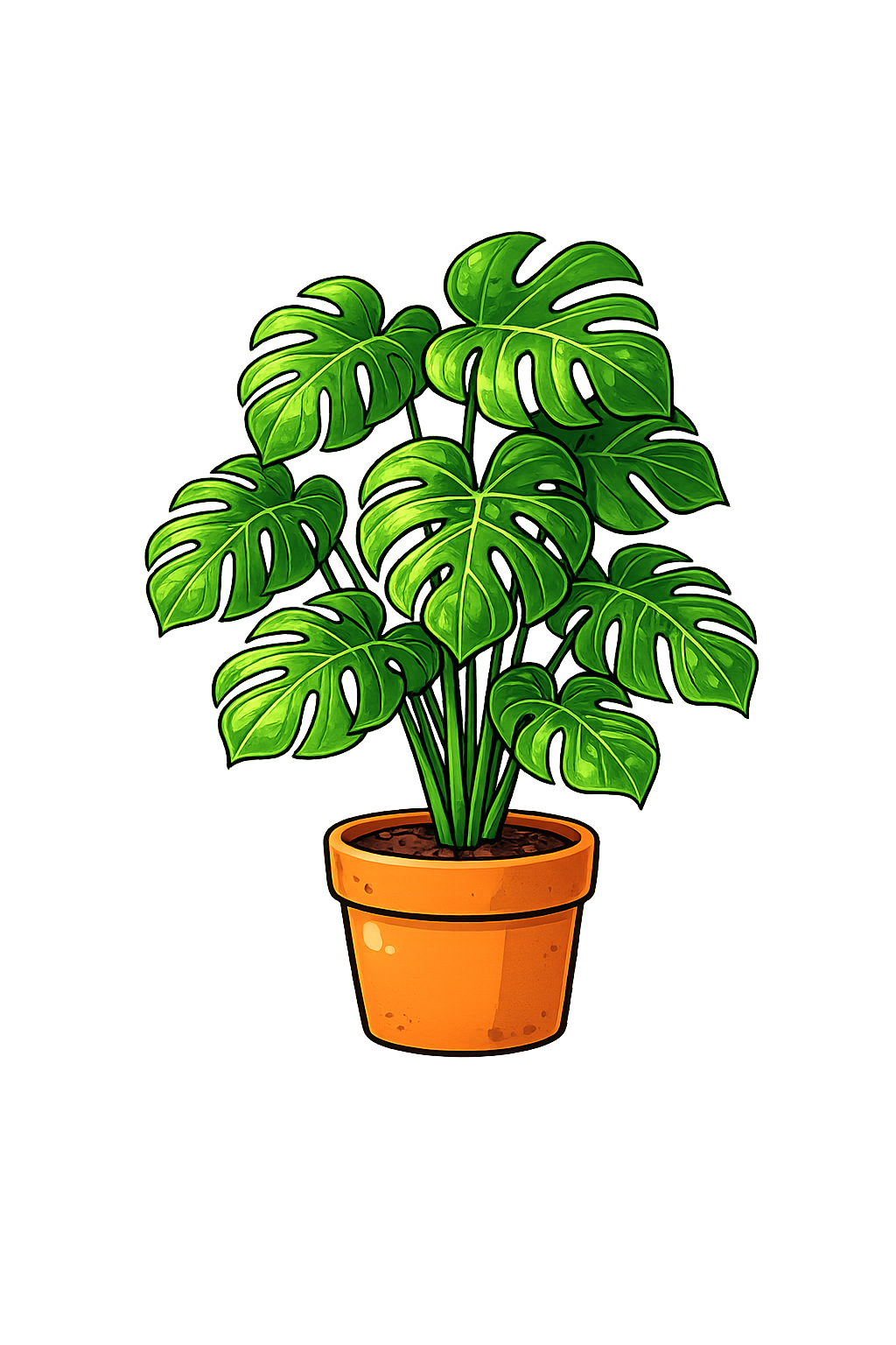 Monstera deliciosa with large split leaves growing indoors