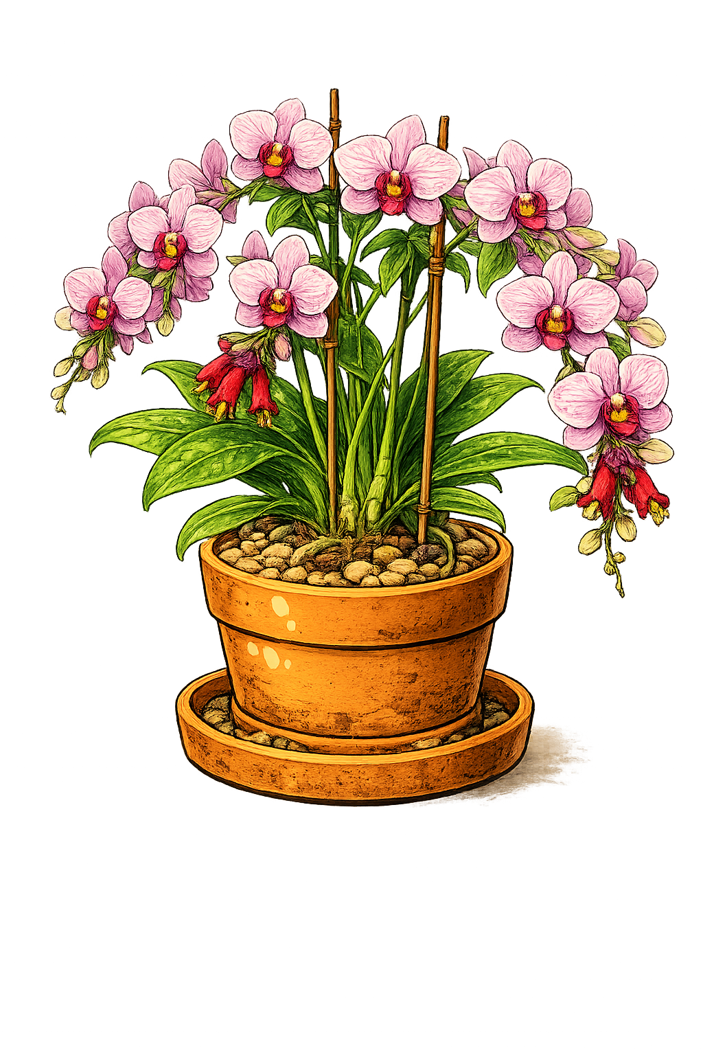 Phalaenopsis orchid with white and pink blooms indoors