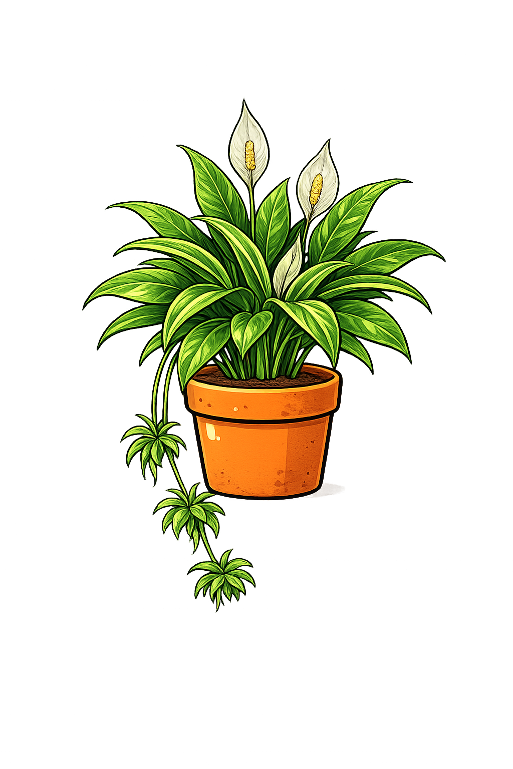 Peace lily with glossy green leaves and white flowers indoors