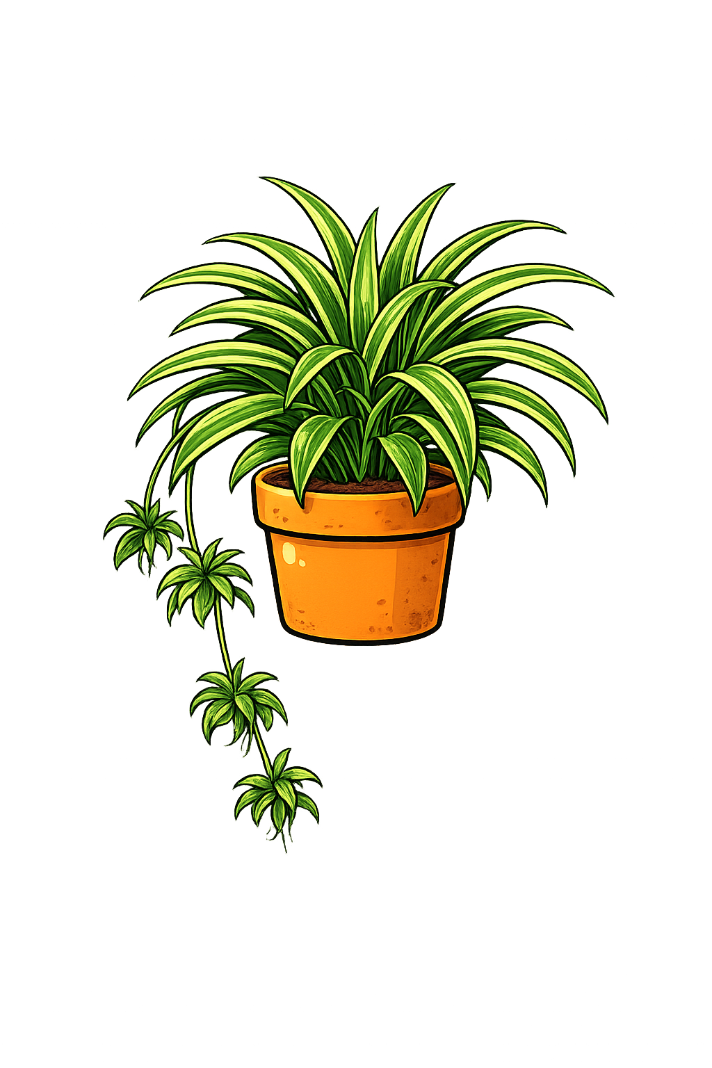 Spider plant with arching green and white striped leaves in a hanging pot